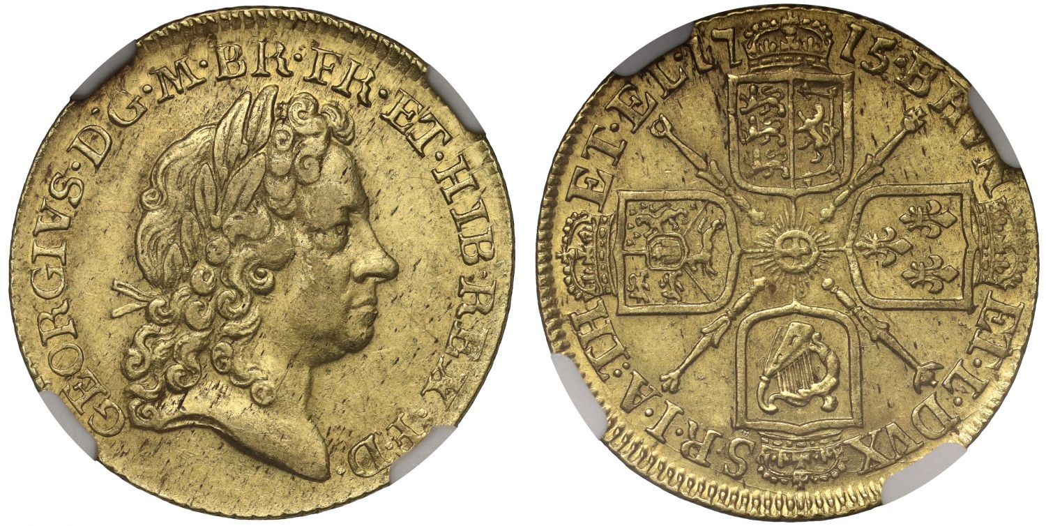 George I 1715 Guinea AU50, third head, ex Ellerby Treasure