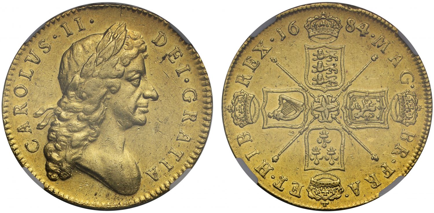 Charles II 1684/3 Five-Guineas, second head, final date, AU58