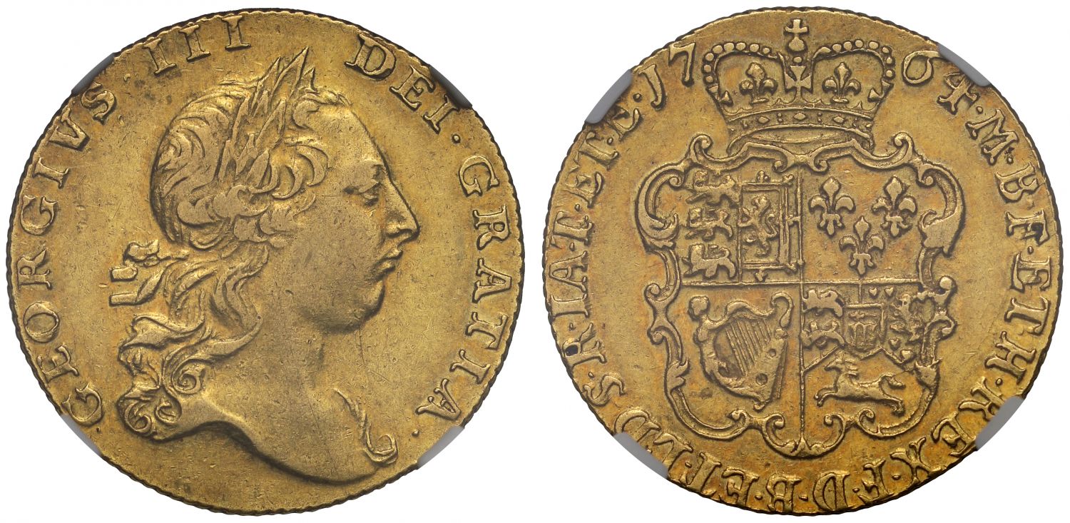 George III 1764 Guinea XF45, no stop above second head
