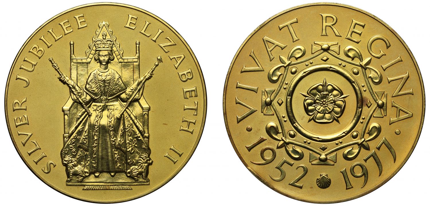 Silver Jubilee of Queen Elizabeth II, 1977, smaller gold medal, issue No. 1. The very first example struck.