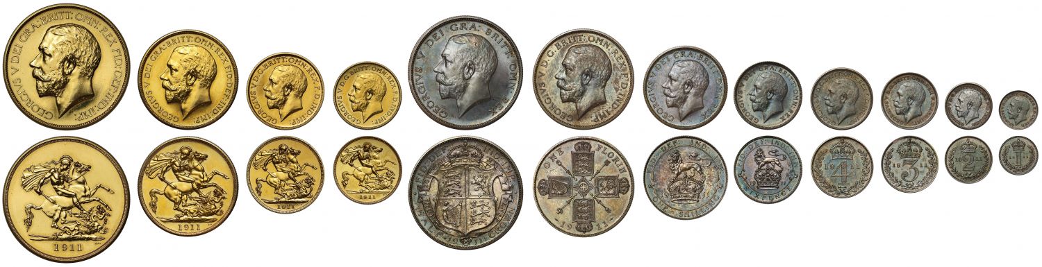 George V 1911 long gold 12-coin proof Set, Coronation issue