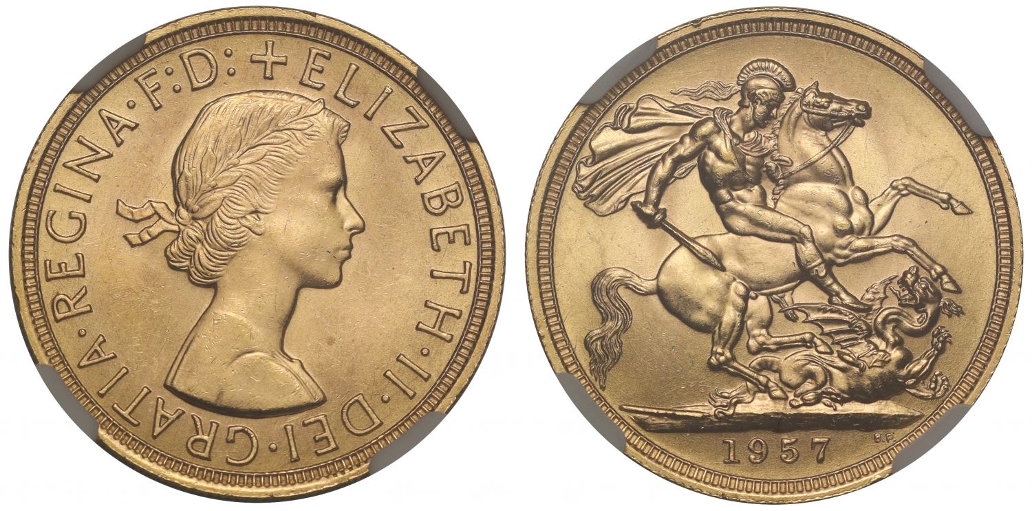 Elizabeth II 1957 Gillick Sovereign MS64
