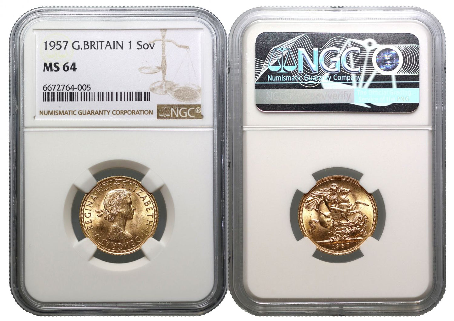 Elizabeth II 1957 Gillick Sovereign MS64