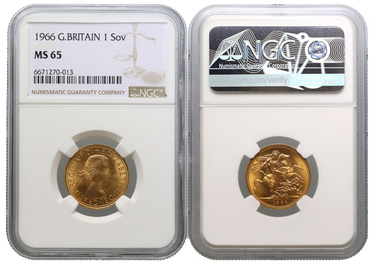 Elizabeth II 1966 Gillick Sovereign MS65