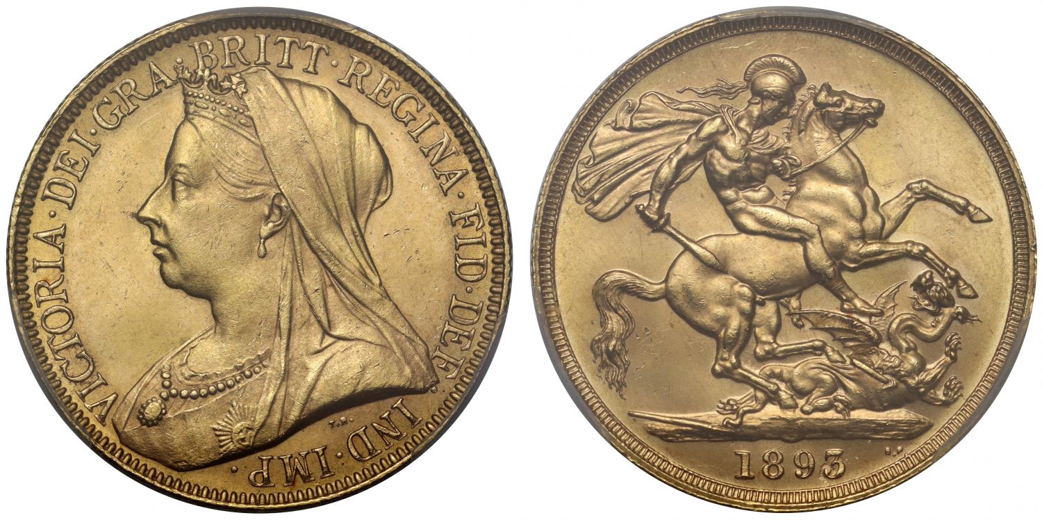 Victoria 1893 Two-Pounds, older veiled head, MS63