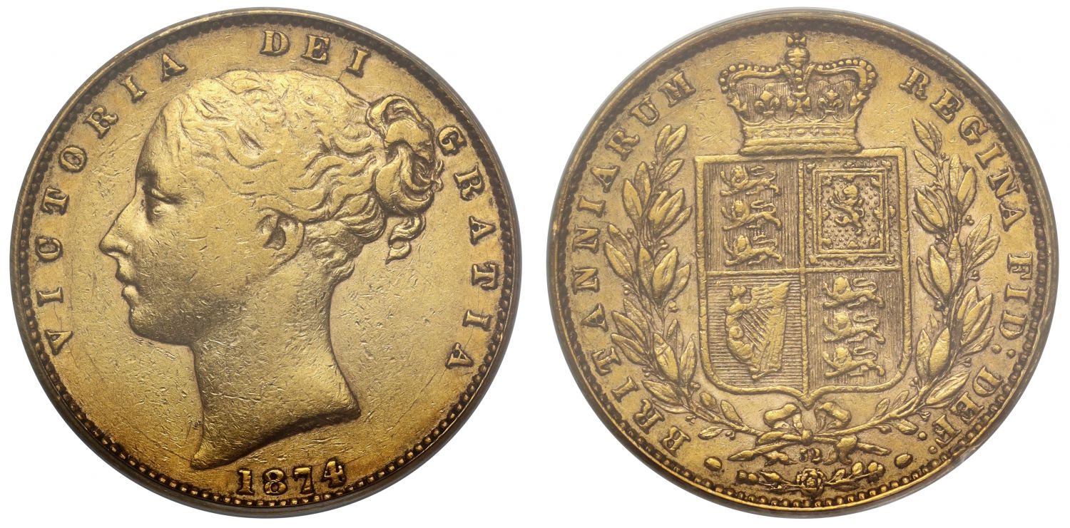 Victoria 1874 Sovereign, shield reverse, die 32, PCGS XF45