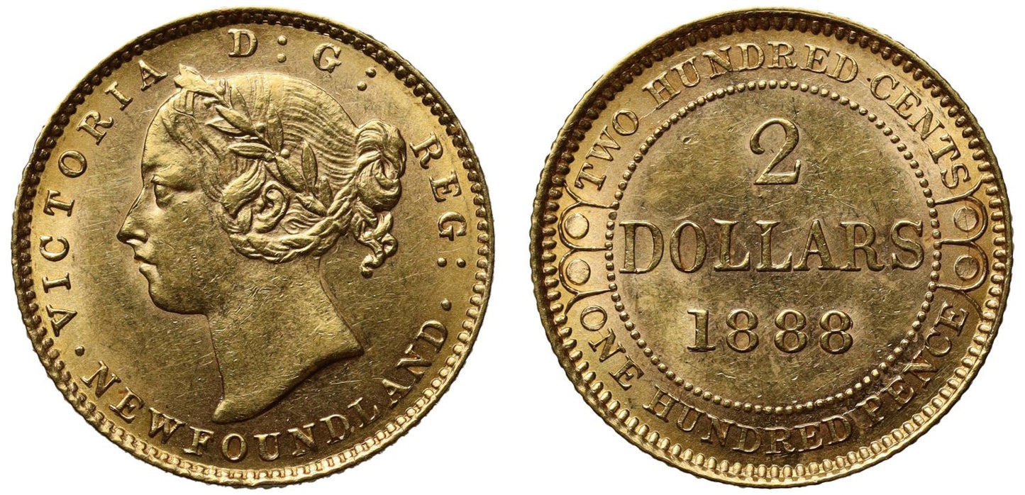NGC MS62 | Newfoundland, gold 2-Dollars, 1888.