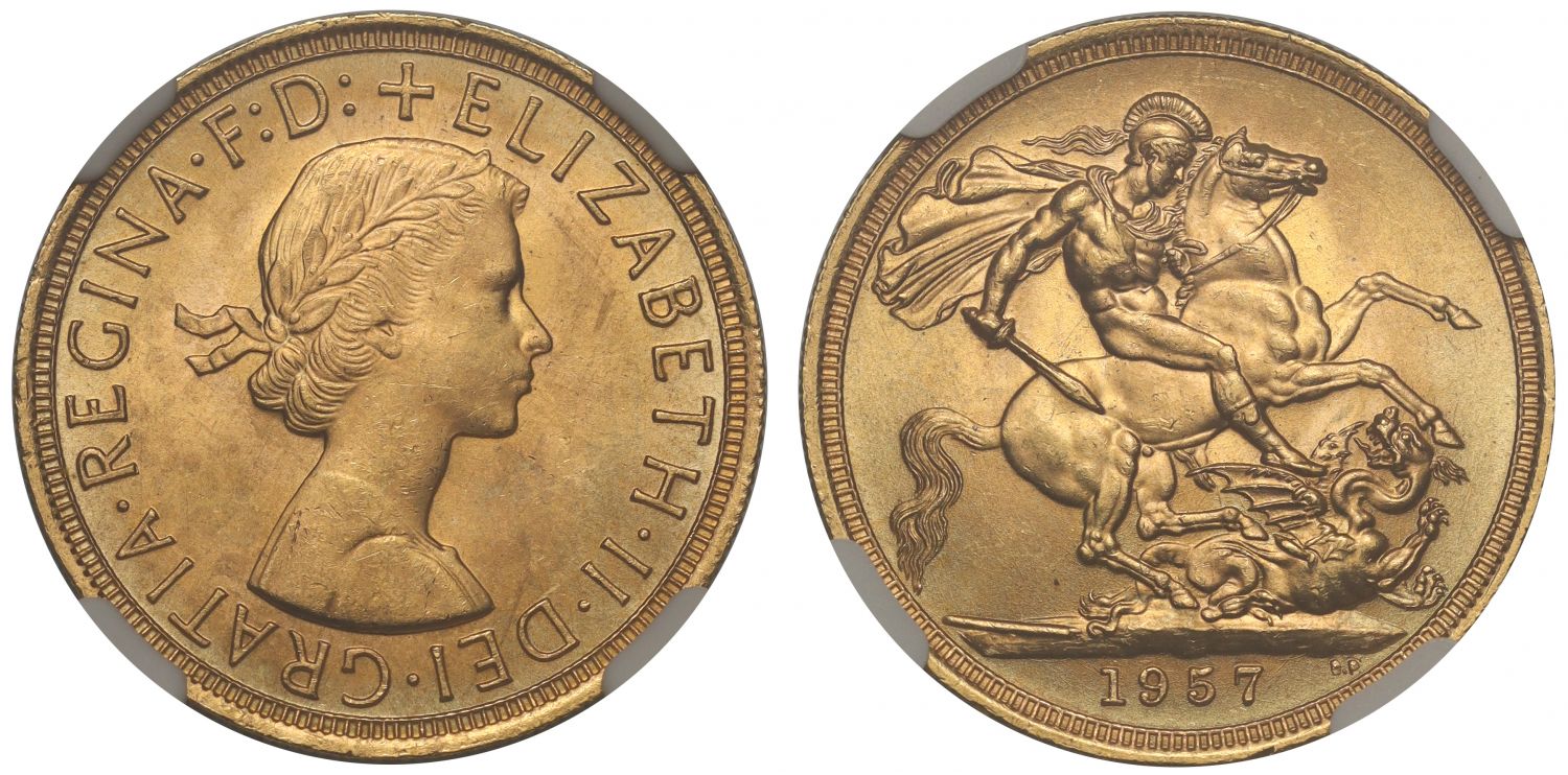 Elizabeth II 1957 Gillick Sovereign MS64+