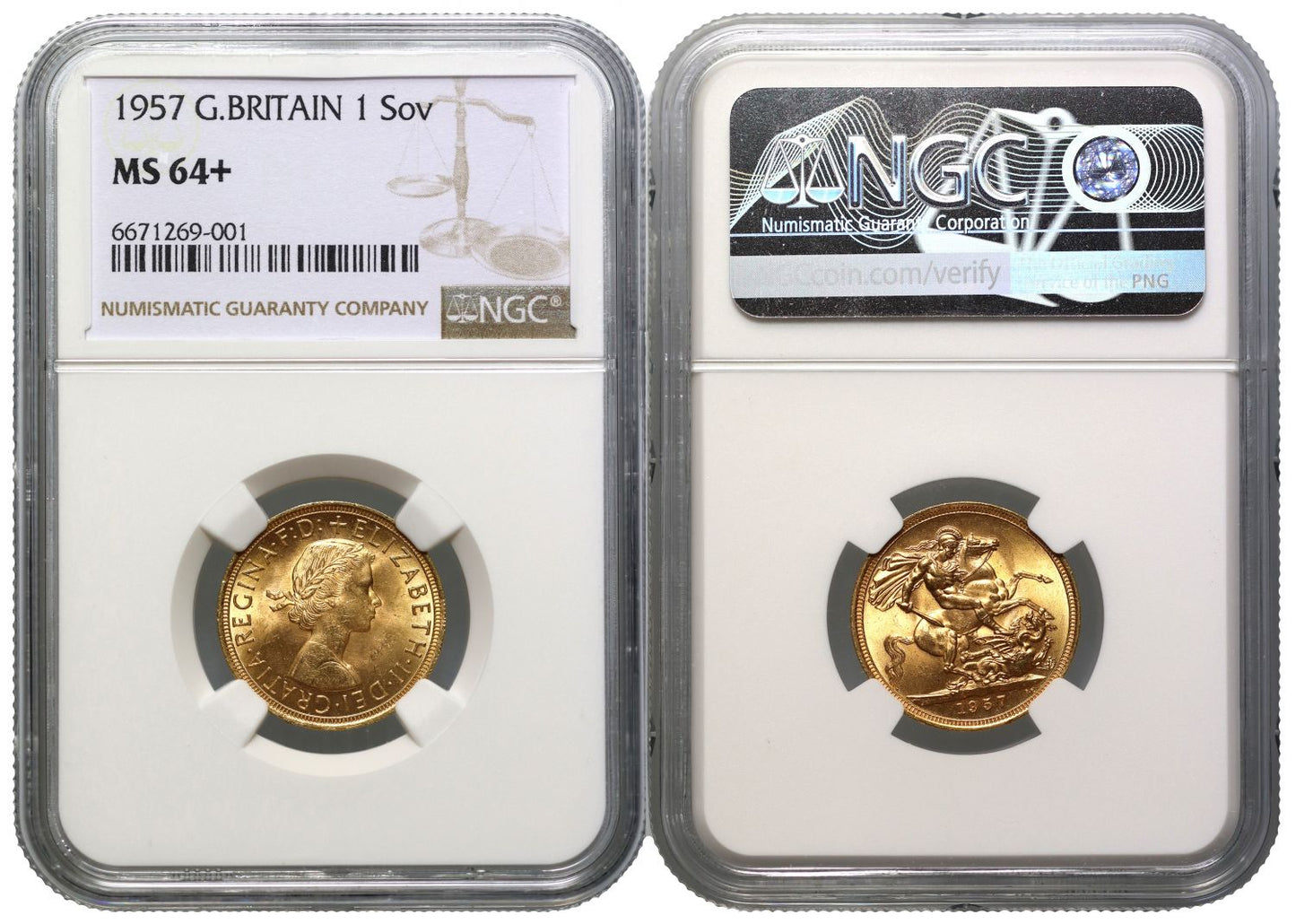 Elizabeth II 1957 Gillick Sovereign MS64+