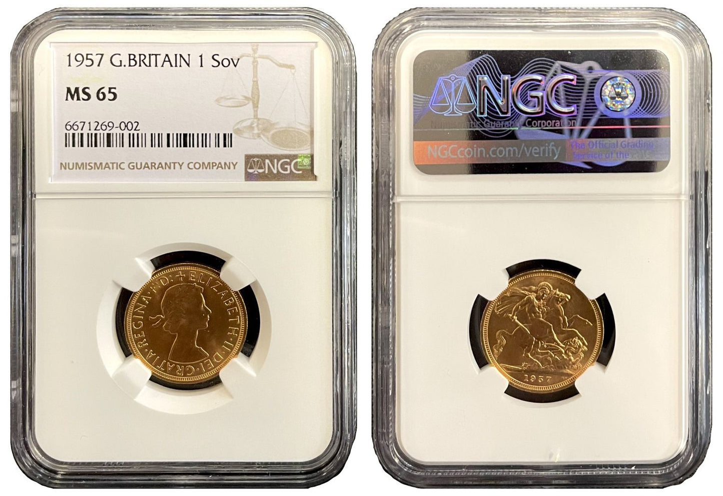 Elizabeth II 1957 Gillick Sovereign MS65