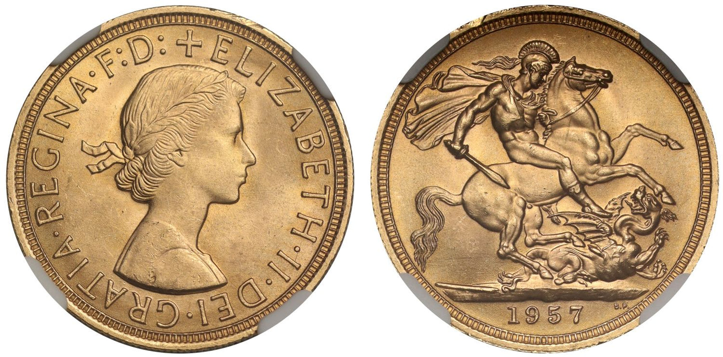 Elizabeth II 1957 Gillick Sovereign MS65+, first currency Sovereign