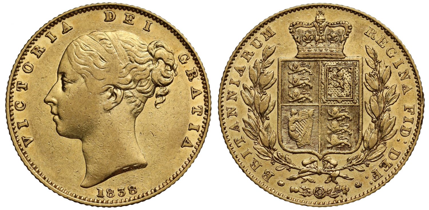 Victoria 1838 Sovereign, first young head, AU55