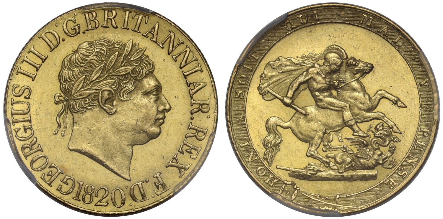 George III 1820 Sovereign AU58, open 2 in date