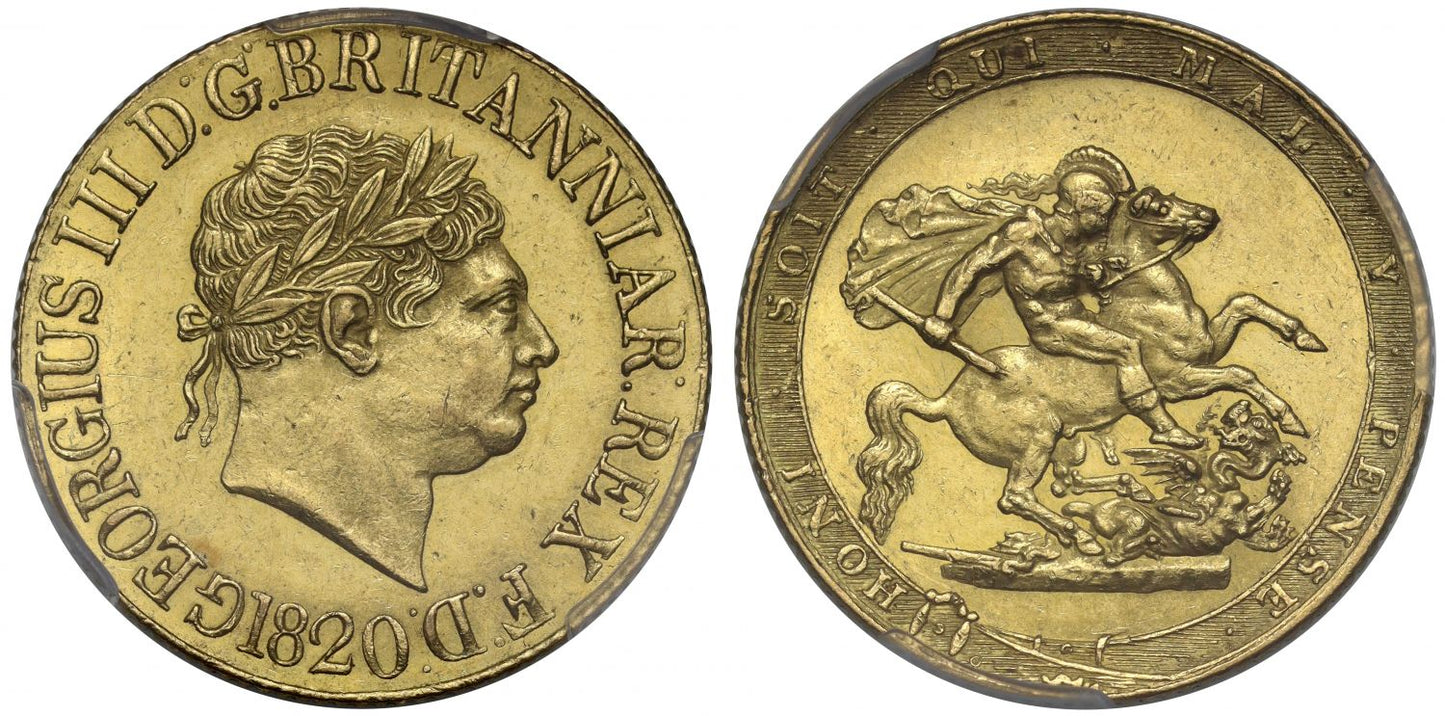George III 1820 Sovereign AU58, open 2 in date