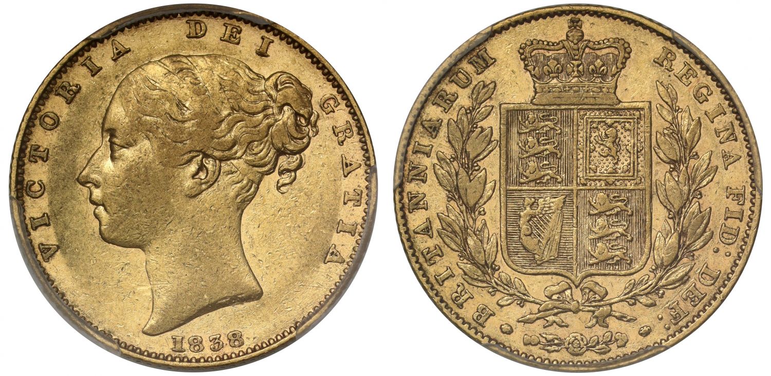 Victoria 1838 Sovereign XF45, first year of issue in Coronation year