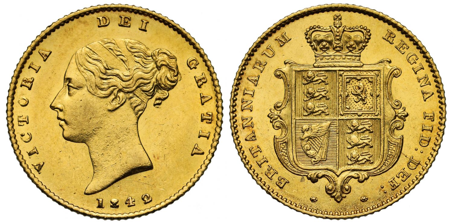 Victoria 1842 Half-Sovereign, 3rd year of issue, 1st young head