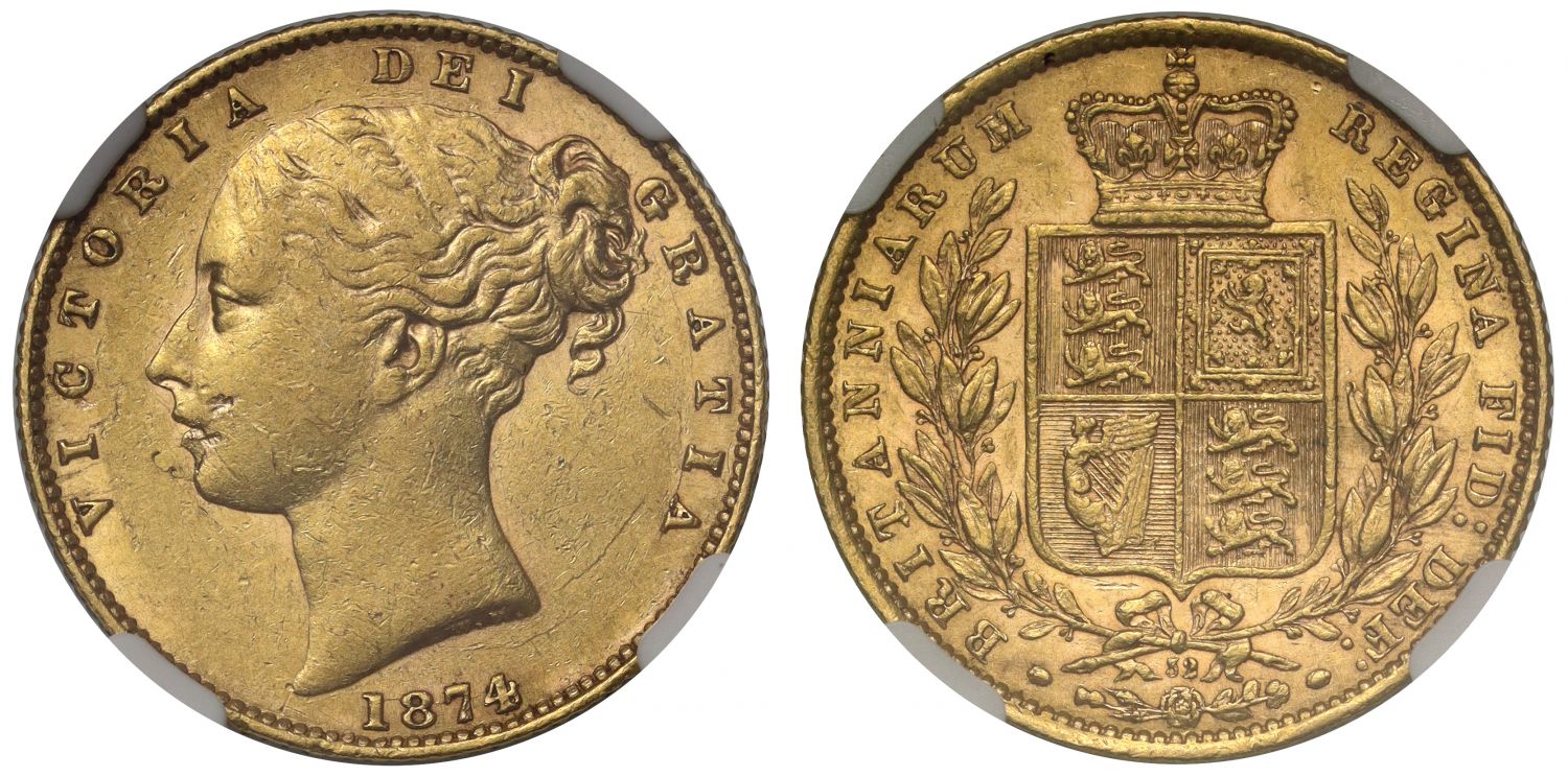 Victoria 1874 shield Sovereign, die number 32, AU55