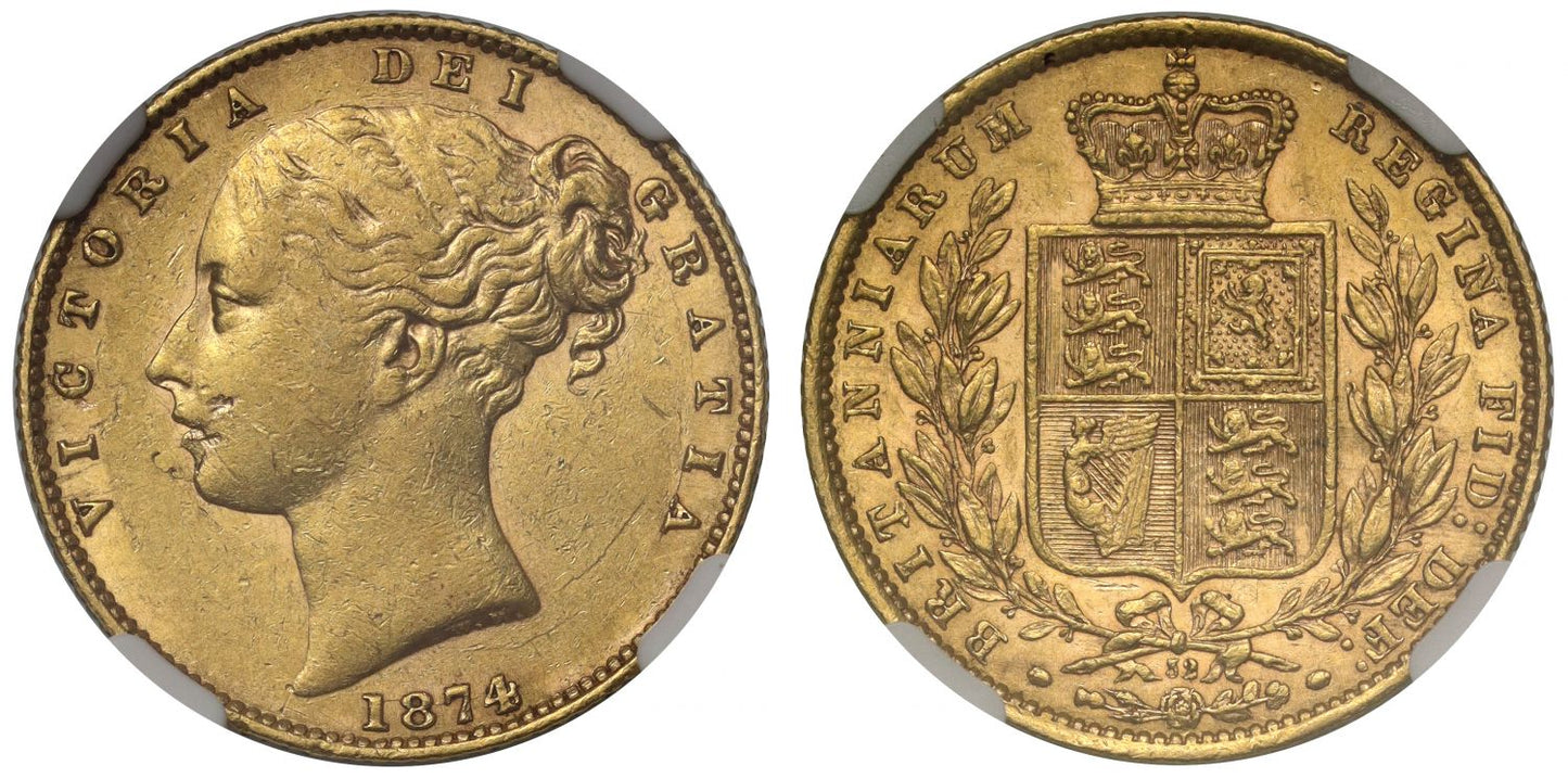 Victoria 1874 shield Sovereign, die number 32, AU55