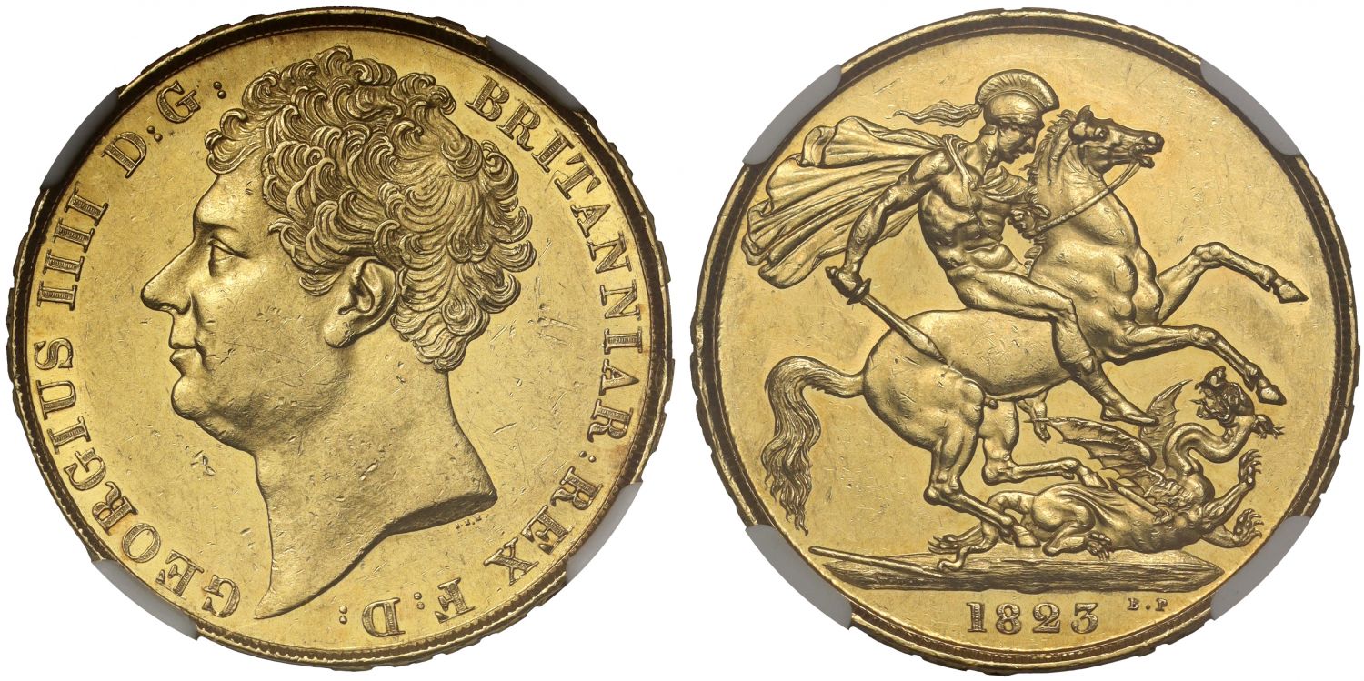 George IV 1823 Two-Pounds AU58, first currency issue for denomination