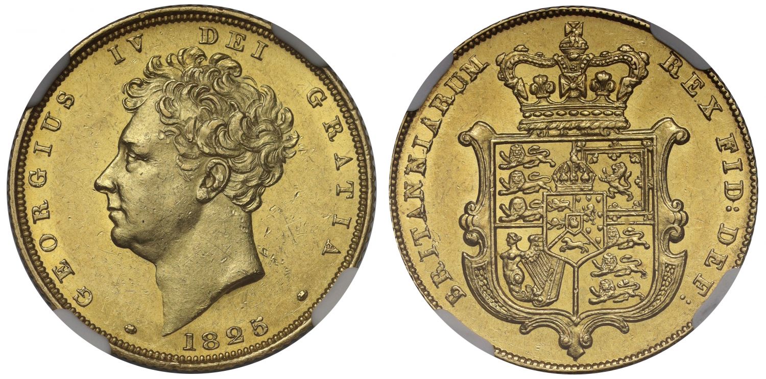George IV 1825 Sovereign bare head MS61, first year for type