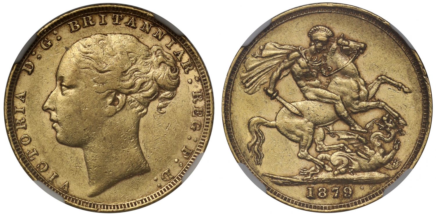 Victoria 1879 Sovereign, St George London AU53, very low mintage