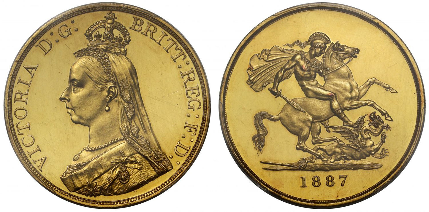 Victoria 1887 proof Five-Pounds PR62 CAMEO, no B.P. in exergue, of great rarity
