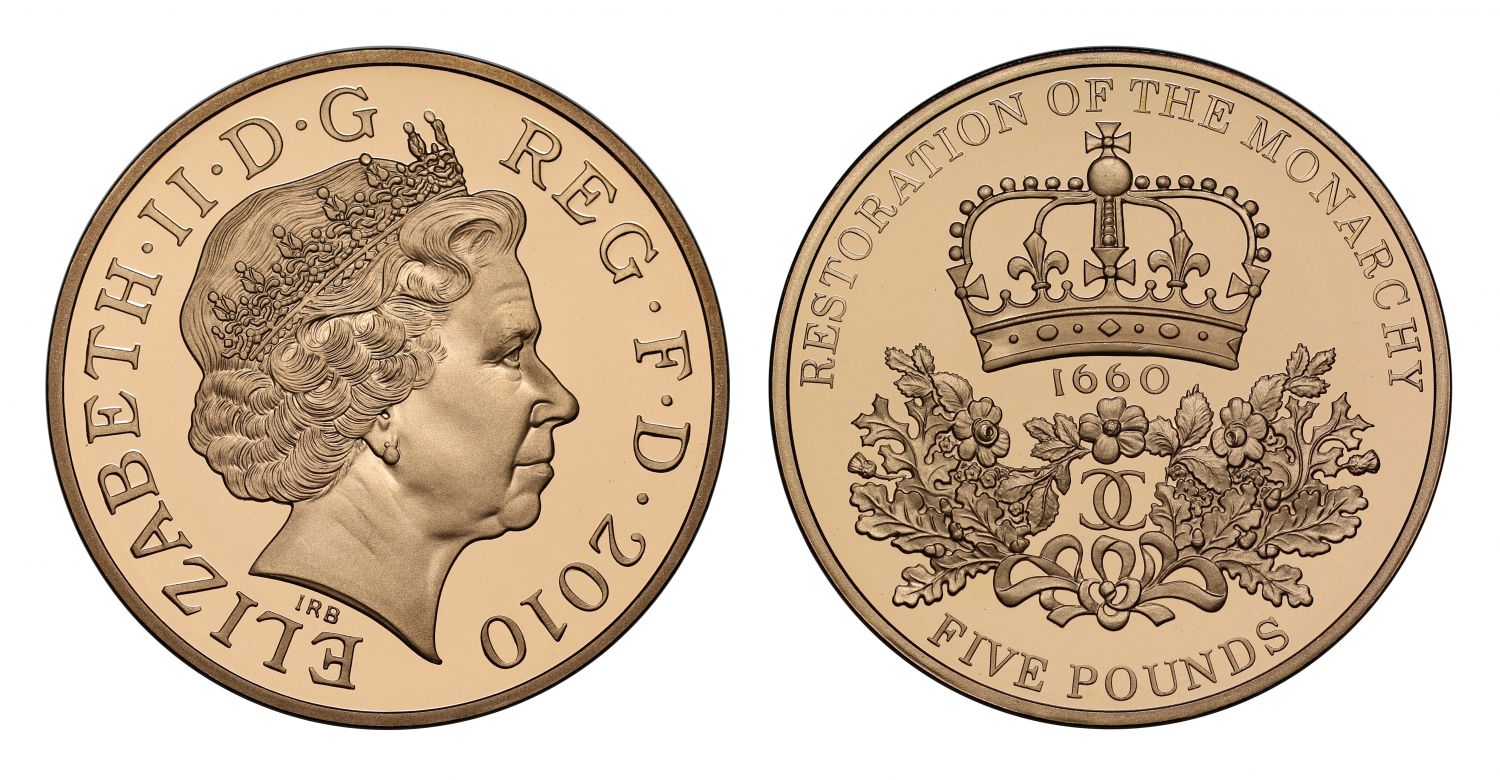 Elizabeth II 2010 proof Five-Pounds Restoration of the Monarchy