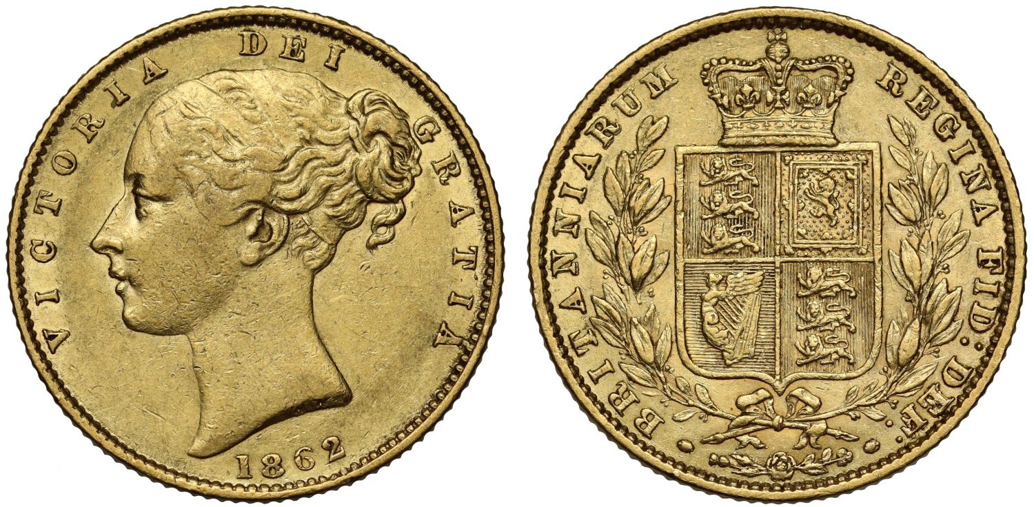 Victoria 1862 Sovereign, shield reverse with F over inverted A in DEF