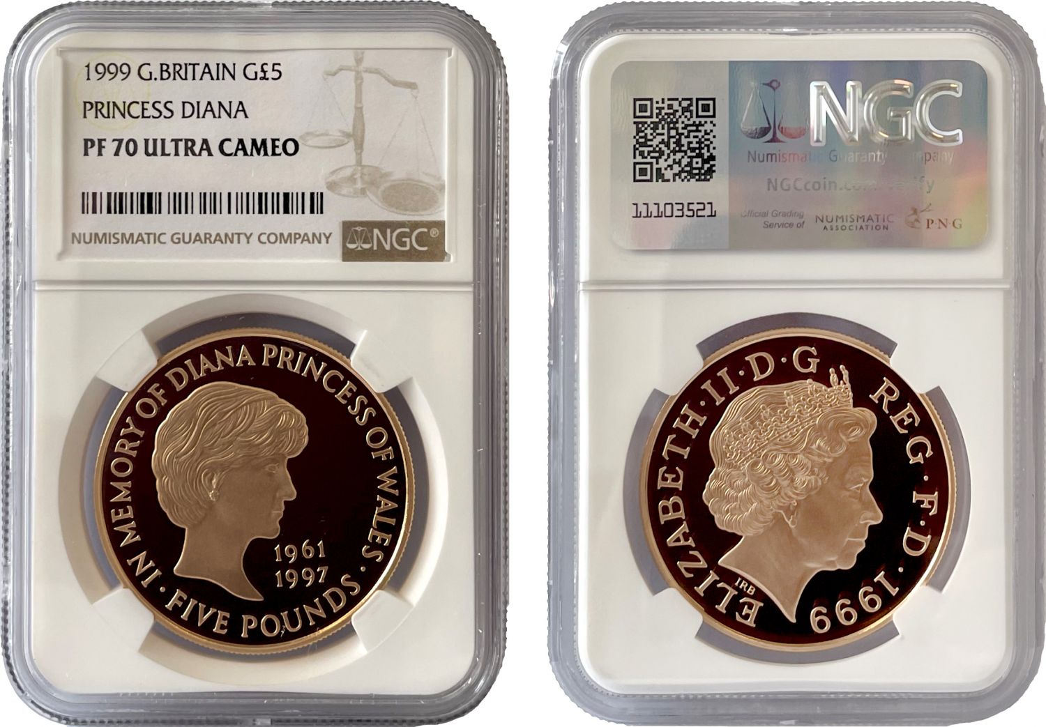 Elizabeth II 1999 proof Five-Pounds Diana PF70 UCAM