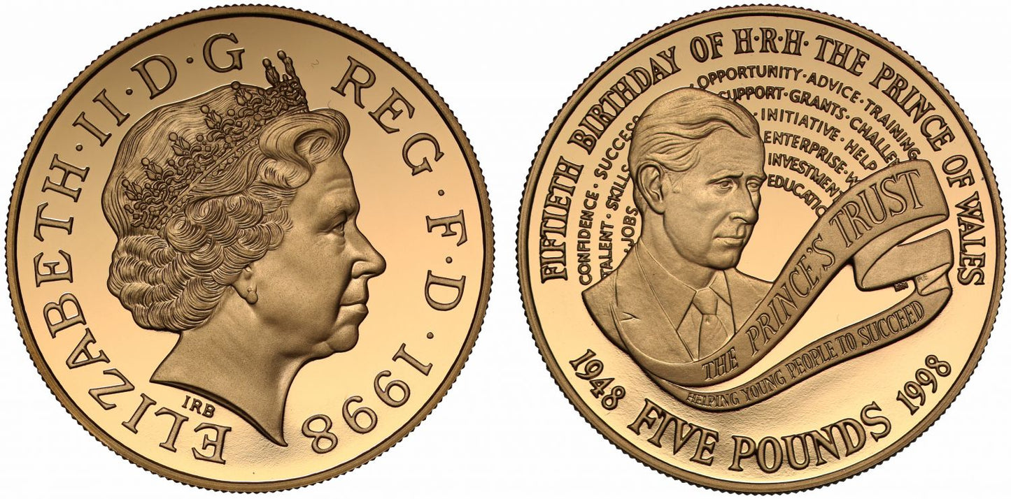 Elizabeth II 1998 proof Five-Pounds Prince Charles 50th Birthday and banknote