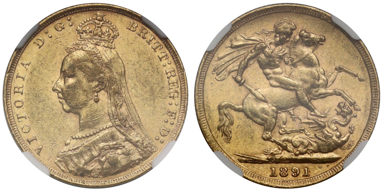 Victoria 1891 Sovereign, London, AU58, short tail, DISH L14, R5