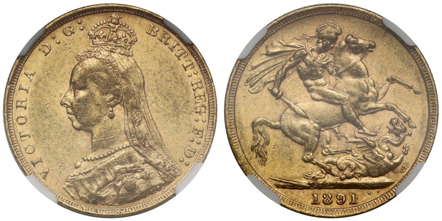 Victoria 1891 Sovereign, London, AU58, short tail, DISH L14, R5