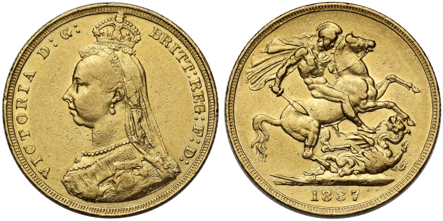Victoria 1887 Sovereign London Mint, hooked J initials, DISH L4