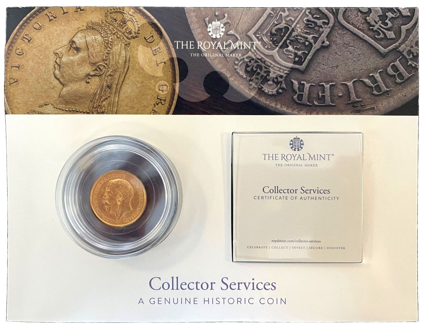 * George V 1926 Sovereign in Royal Mint presentation cover, birth year of QE II