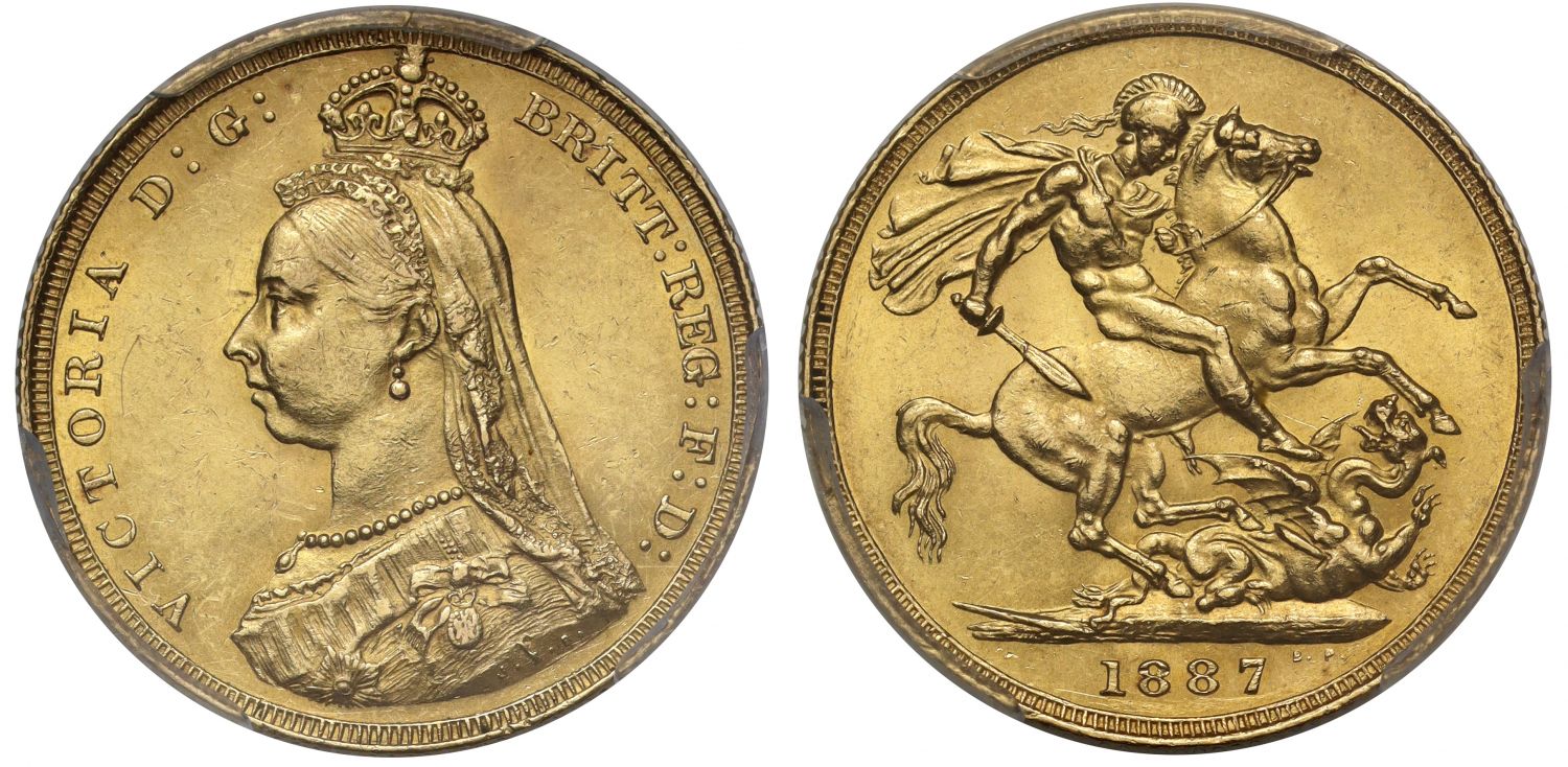 Victoria 1887 Sovereign, hooked J initials, DISH L3=R5, PCGS MS61