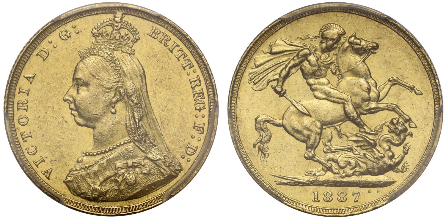 Victoria 1887 Sovereign, DISH L4, hooked J initials, R5, PCGS MS61