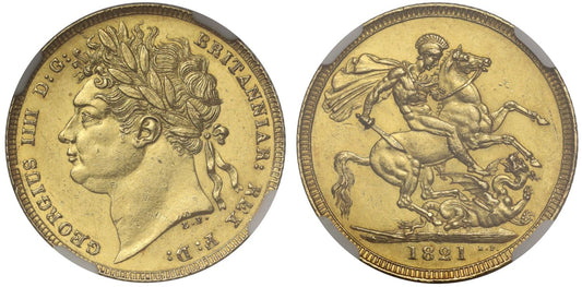 George IV 1821 Sovereign MS62, first year of reign with revised St George
