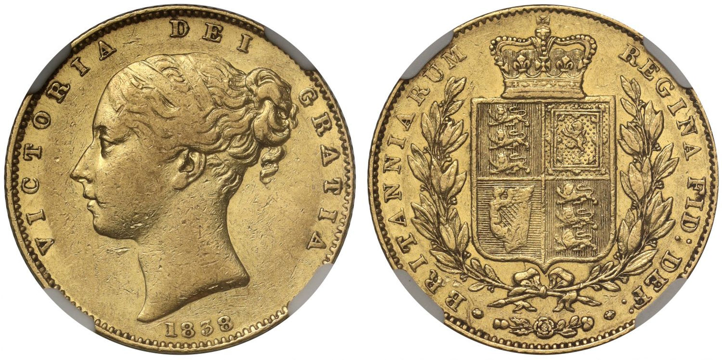 Victoria 1838 Sovereign XF45, young head, shield reverse, first year
