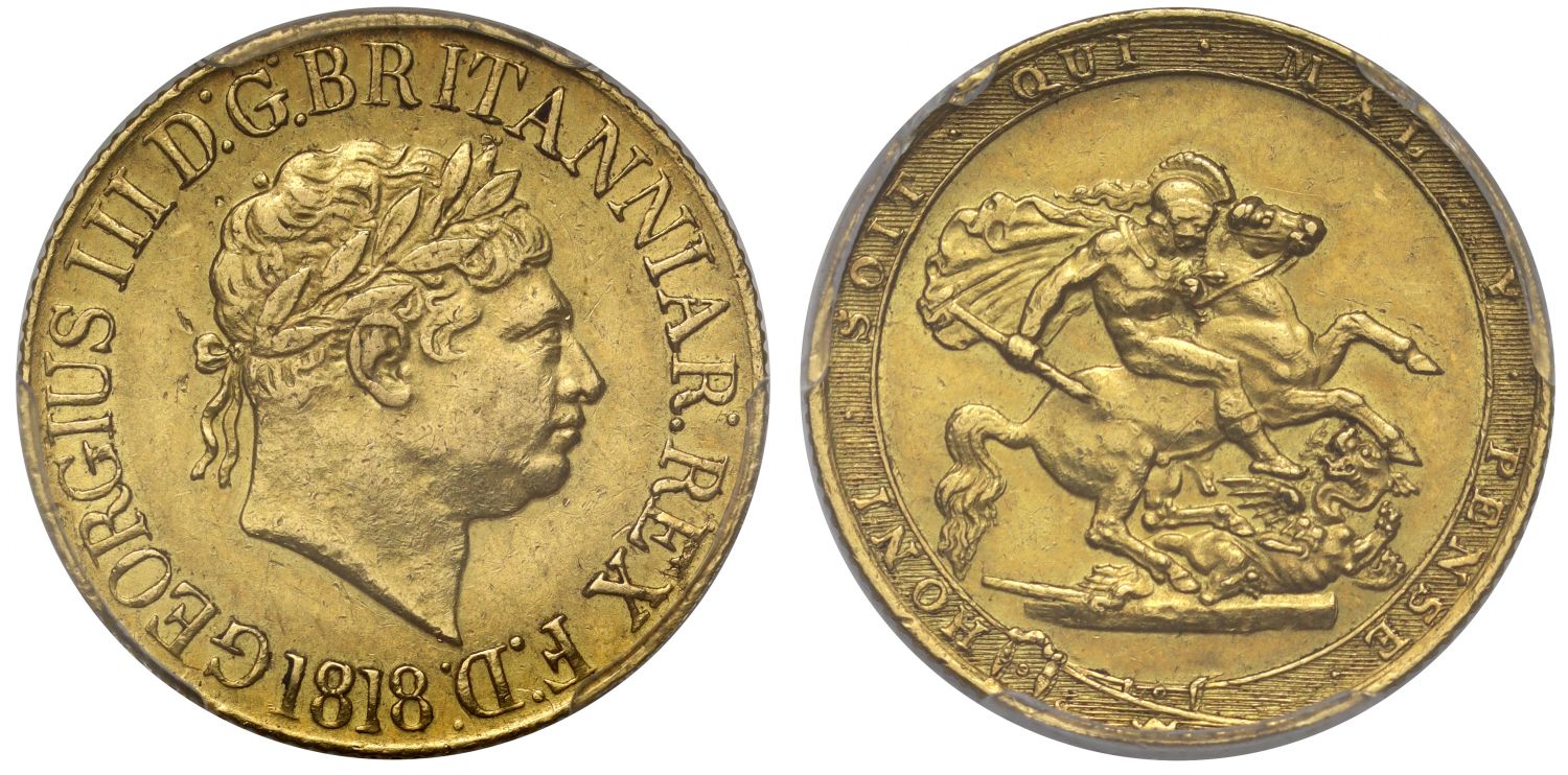 George III 1818 Sovereign AU55, ascending colon variety