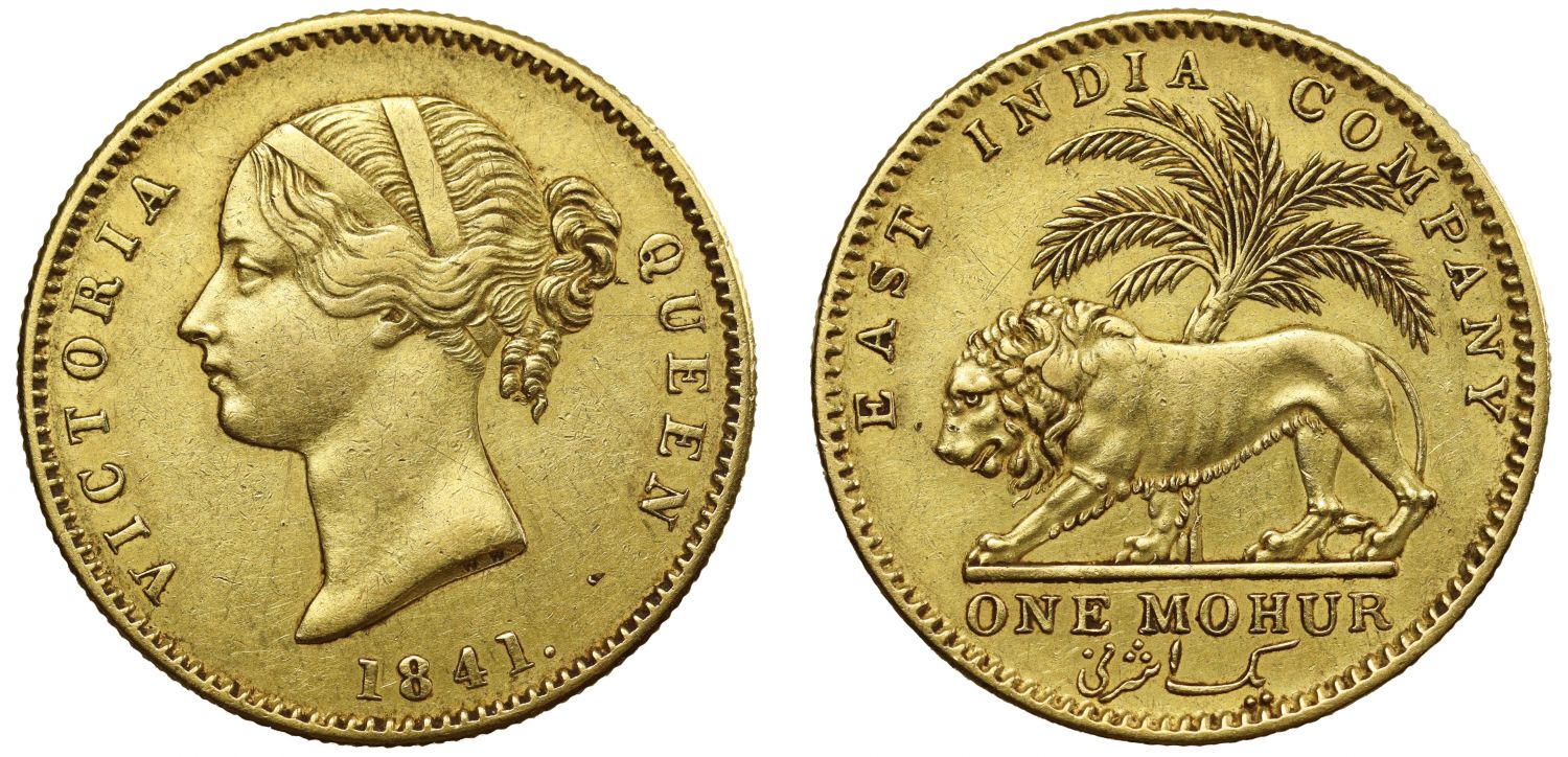 NGC AU53 | India, Victoria, Mohur, 1841, divided legend.