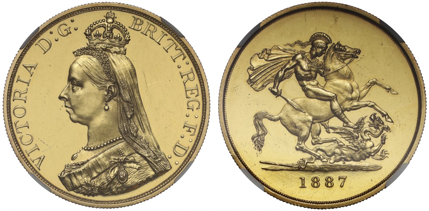 Victoria 1887 proof Five-Pounds no BP under groundline PF61 CAMEO
