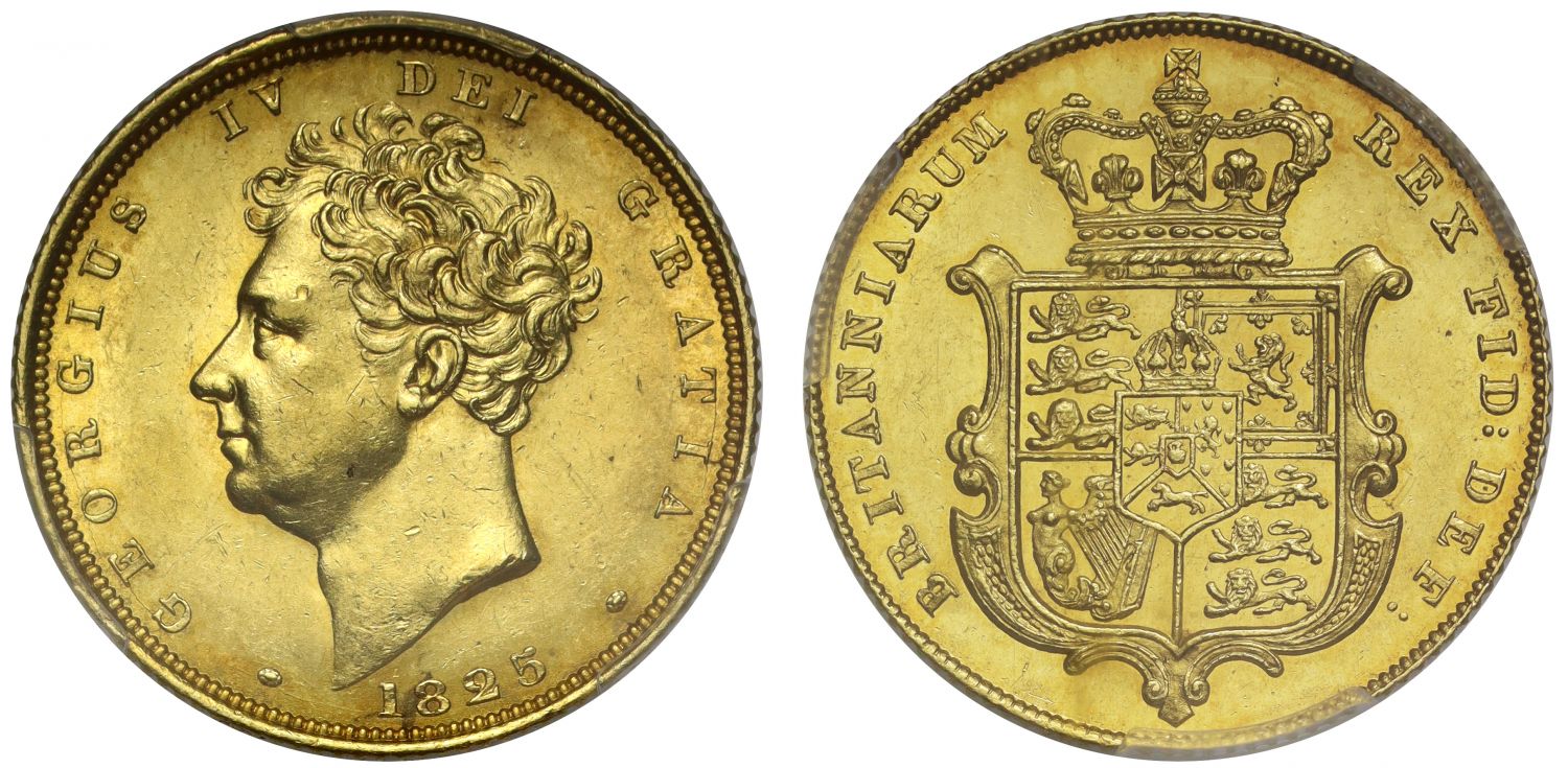 George IV 1825 Sovereign MS62, first year for bare head