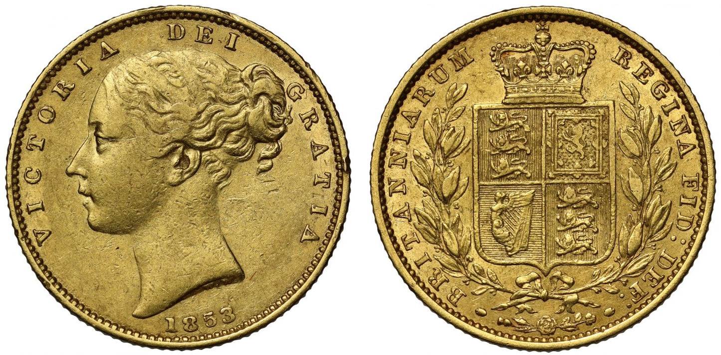 Victoria 1853 Sovereign, WW raised on truncation of second head