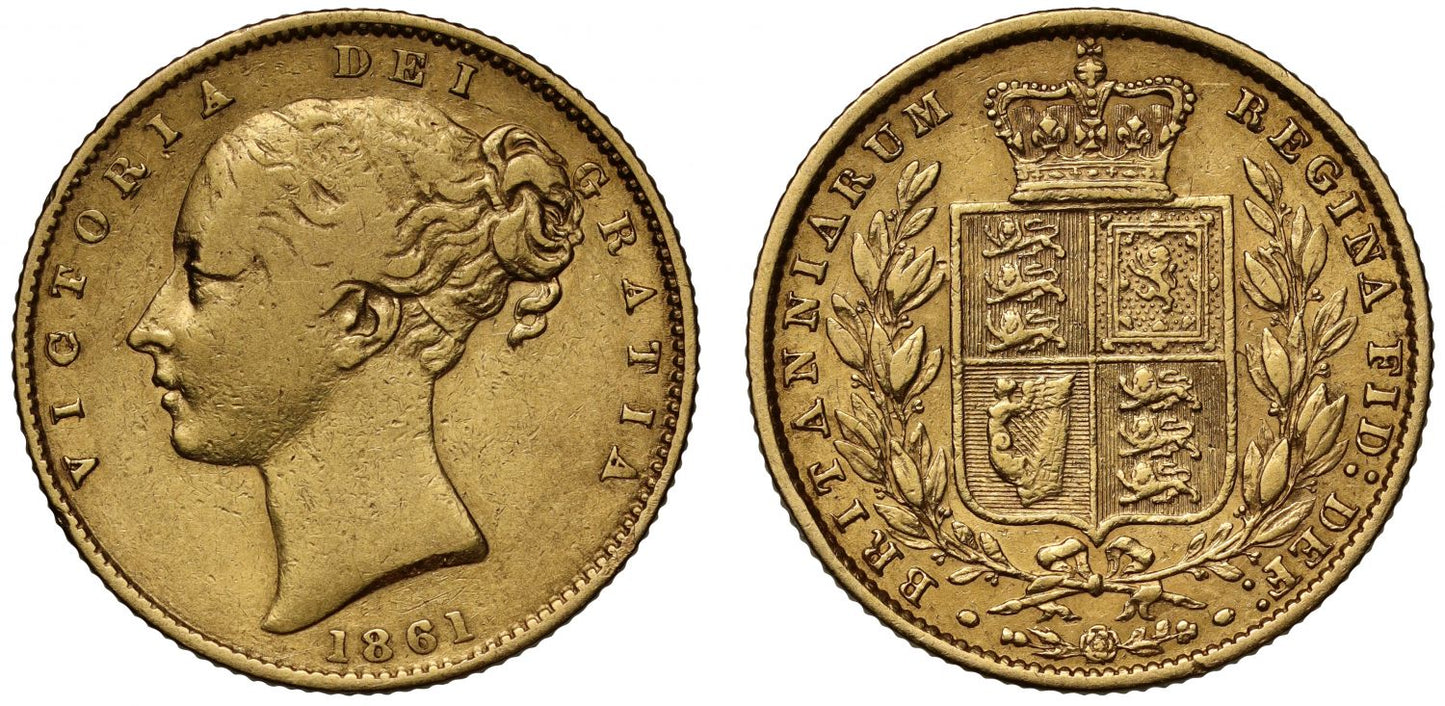 Victoria 1861 Sovereign, closed C over rotated C in Queen's name