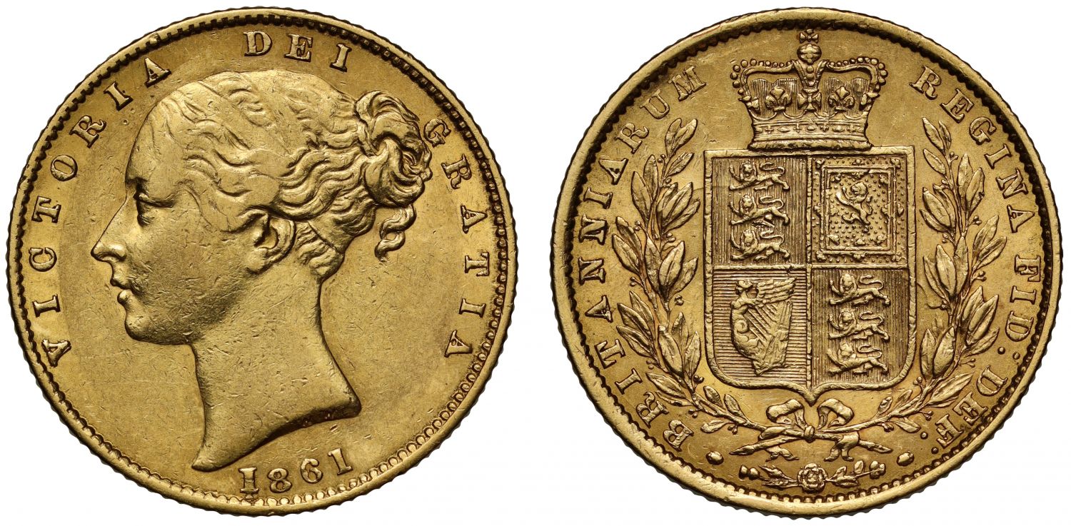 Victoria 1861 Sovereign, young head, Roman letter I for first numeral 1
