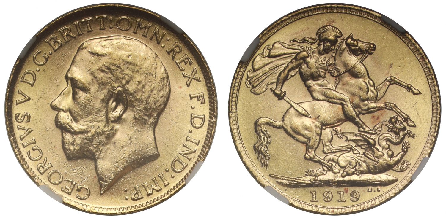 George V 1919-C Sovereign, Ottawa, MS63, final year of issue