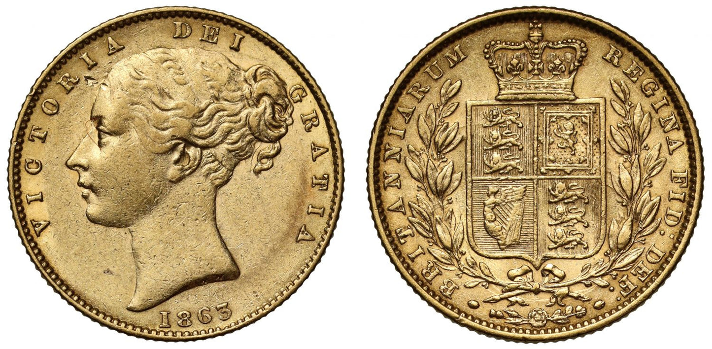 Victoria 1863 Sovereign Roman I in date created by 1 struck over inverted 1