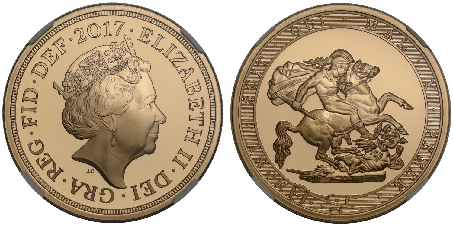 Elizabeth II 2017 proof Five-Pounds PF70 UC, one of first 150 struck