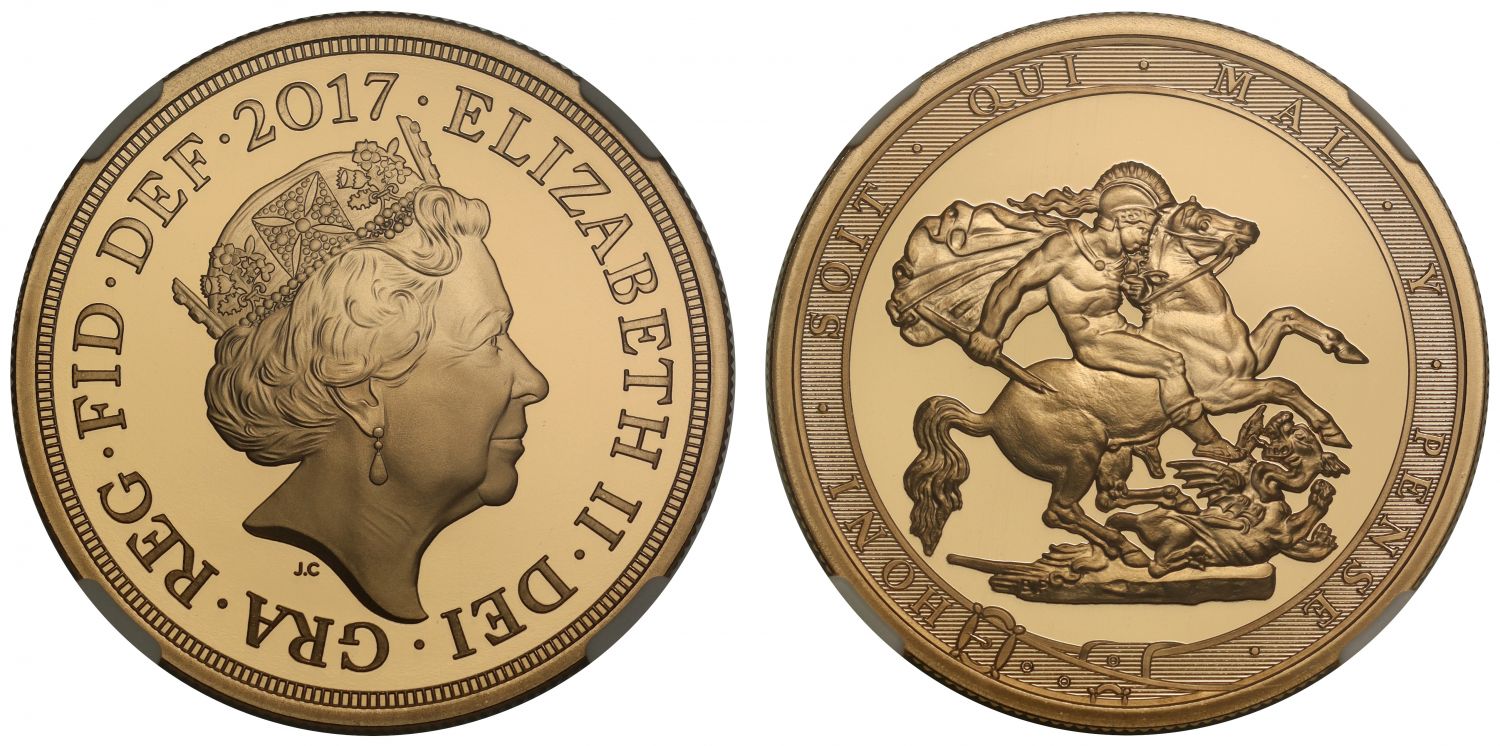Elizabeth II 2017 proof Five-Pounds PF70 UC, one of first 150 struck