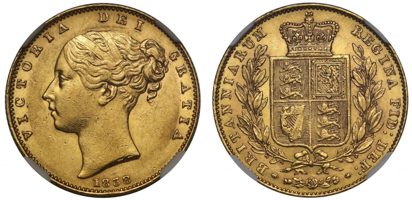 Victoria 1838 Sovereign, first young head, AU58, first year